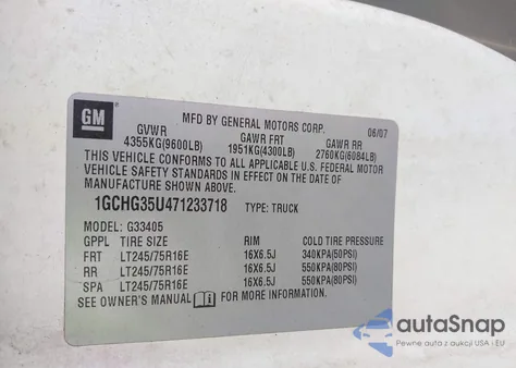 2007 Chevrolet Express Work Van z USA, uszkodzony, nr VIN 1GCHG35U471233718